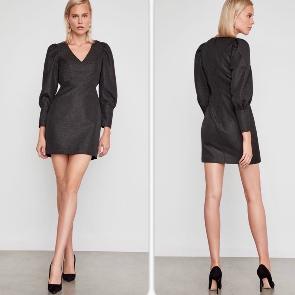 BCBGMAXAZRIA Metallic Puff Sleeve Sheath Jacquard V Neck Cocktail Mini Dress NEW